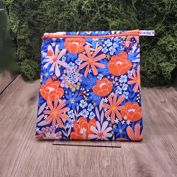 Reusable Sandwich Medium Pouch Eco-Friendly Waterproof Snack Bag, Fabric Zip Pouch for Food, Baked Goods, Everyday Orange Blue Flowers