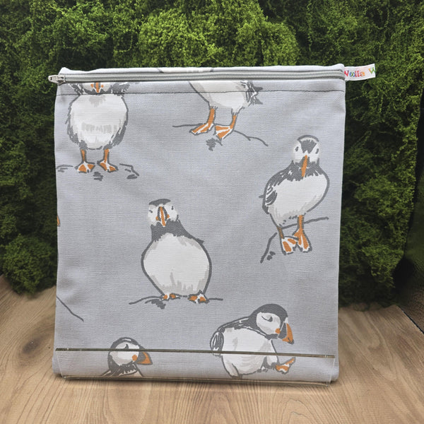 Large Food Storage, Bikini Bag,  Toiletries Pouch, Charger Store, Zipper Beauty Organiser, Craft Box, Waterproof Lined Grey Puffin