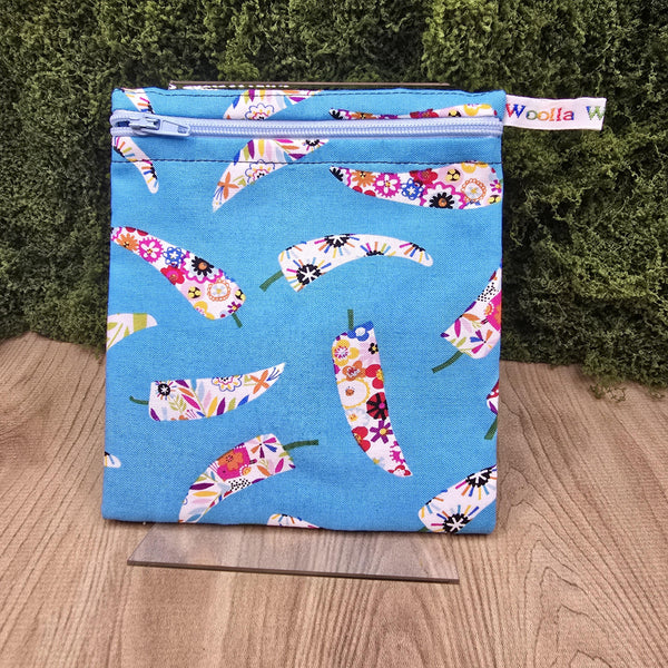 Small Reusable Snack Pouch Waterproof Food Bag, Eco-Friendly Washable Fabric Zip for Snacks, Change, Cosmetics, Accessories Blue Chili