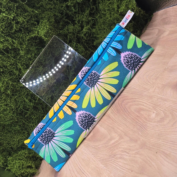 Straw Cutlery Pouch Washable Reusable Chopstick Utensil Crochet Hook Pencil Pen Case Waterproof Lined Zip Pouch Eco Teal Echinacea