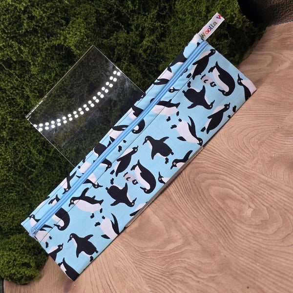 Straw Cutlery Pouch Washable Reusable Chopstick Utensil Crochet Hook Pencil Pen Case Waterproof Lined Zip Pouch Eco Blue Penguins