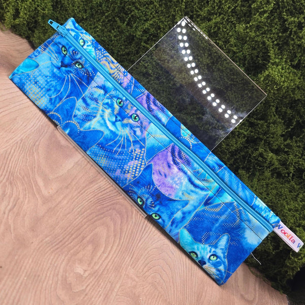 Straw Cutlery Pouch Washable Reusable Chopstick Utensil Crochet Hook Pencil Pen Case Waterproof Lined Zip Pouch Eco Blue Gold Cat