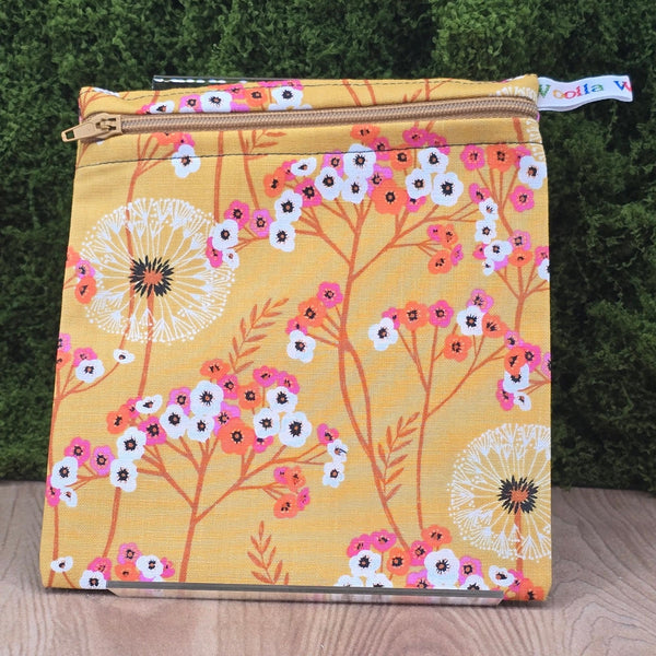 Small Reusable Snack Pouch Waterproof Food Bag, Eco-Friendly Washable Fabric Zip for Snacks, Change, Cosmetics, Accessories Mustard Blossom