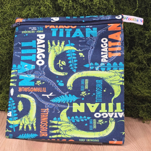 Reusable Sandwich Medium Pouch Eco-Friendly Waterproof Snack Bag, Fabric Zip Pouch for Food, Baked Goods, Everyday Titanosaur Dinosaur