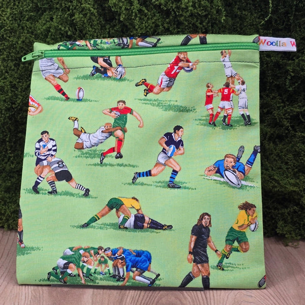 Reusable Sandwich Medium Pouch Eco-Friendly Waterproof Snack Bag, Fabric Zip Pouch for Food, Baked Goods, Everyday Rugby Players