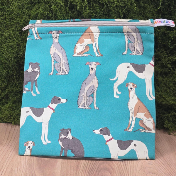 Reusable Sandwich Medium Pouch Eco-Friendly Waterproof Snack Bag, Fabric Zip Pouch for Food, Baked Goods, Everyday Whippet Greyhound Dog
