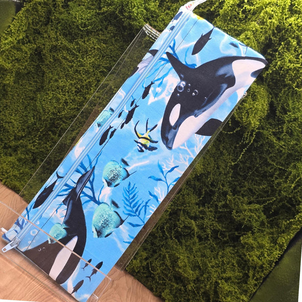 XL Straw Cutlery Pouch Extra Large Toothbrush Case, Pencil Bag, Crochet Hook Zip Pouch, Chopstick Case, Picnic  Work Lunch Orca Whale