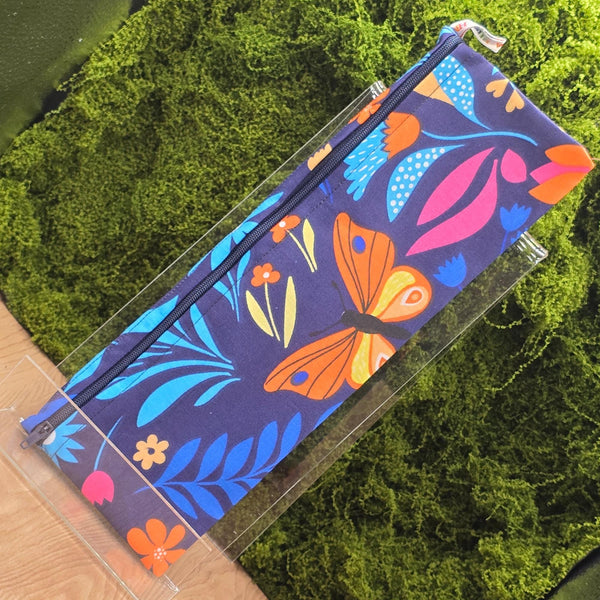 XL Straw Cutlery Pouch Extra Large Toothbrush Case, Pencil Bag, Crochet Hook Zip Pouch, Chopstick Case, Picnic  Work Lunch Butterfly On Navy