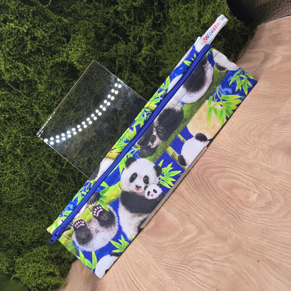Straw Cutlery Pouch Washable Reusable Chopstick Utensil Crochet Hook Pencil Pen Case Waterproof Lined Zip Pouch Eco Blue Panda