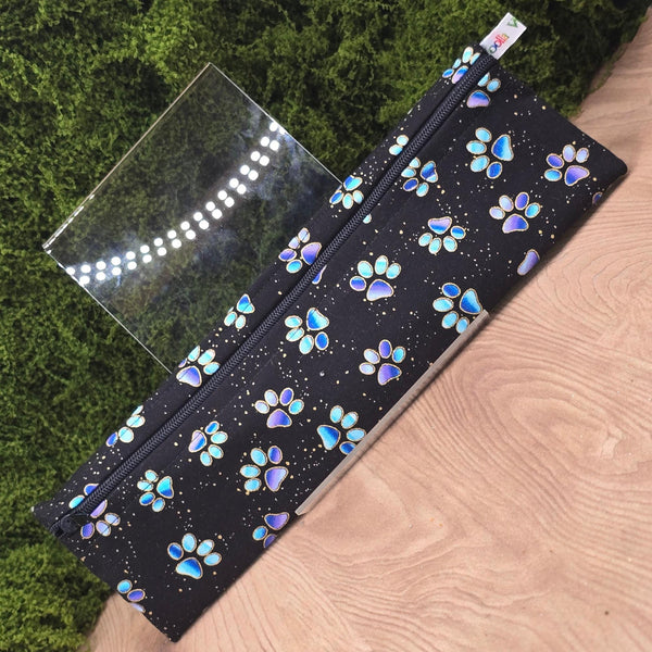 Straw Cutlery Pouch Washable Reusable Chopstick Utensil Crochet Hook Pencil Pen Case Waterproof Lined Zip Pouch Eco Blue Paw prints