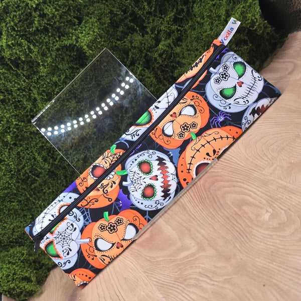 Straw Cutlery Pouch Washable Reusable Chopstick Utensil Crochet Hook Pencil Pen Case Waterproof Lined Zip Pouch Eco Spooky Pumpkin