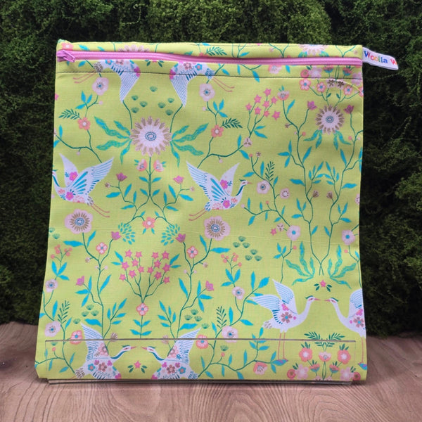 Large Food Storage, Bikini Bag,  Toiletries Pouch, Charger Store, Zipper Beauty Organiser, Craft Box, Waterproof Lined Lime Crane