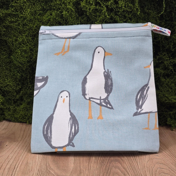 Reusable Sandwich Medium Pouch Eco-Friendly Waterproof Snack Bag, Fabric Zip Pouch for Food, Baked Goods, Everyday Blue Seagulls