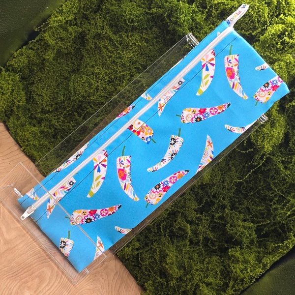 XL Straw Cutlery Pouch Extra Large Toothbrush Case, Pencil Bag, Crochet Hook Zip Pouch, Chopstick Case, Picnic  Work Lunch Blue Chili
