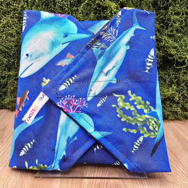 Reusable Sandwich Wrap, Wax Wrap Alternative Vegan Sustainable Sandwiches -Eco Zero Waste Hook & Loop Fastener - Ocean Shark
