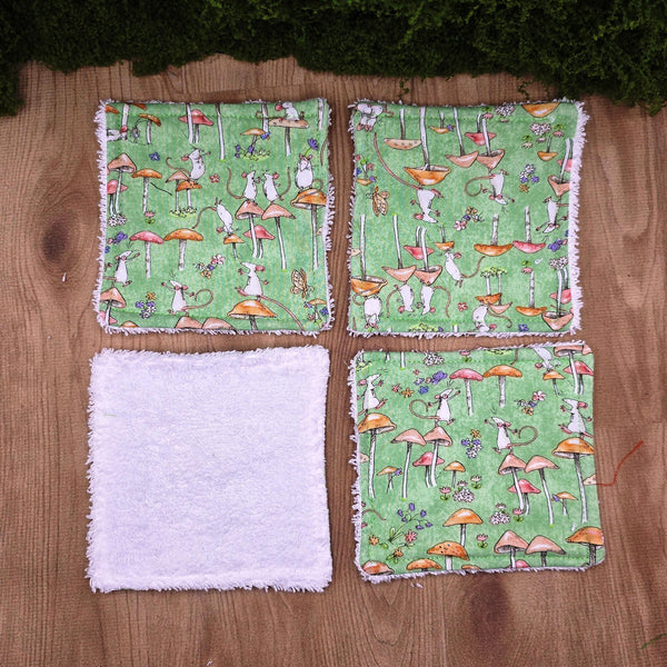 Reusable Cotton Wipes - Make Up - Toddler - Finger Wipes: 4 Pack Mice Funghi, Eco-Friendly Skincare