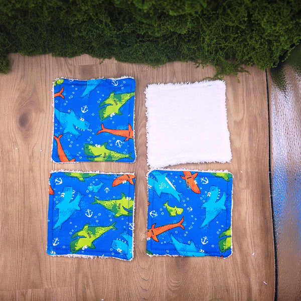 Reusable Cotton Wipes - Make Up - Toddler - Finger Wipes: 4 Pack Happy Shark, Eco-Friendly Skincare