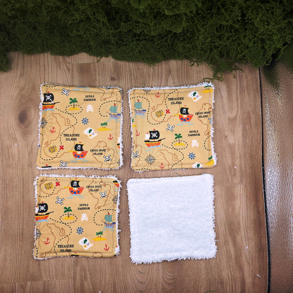 Reusable Cotton Wipes - Make Up - Toddler - Finger Wipes: 4 Pack Pirate Treasure Map, Eco-Friendly Skincare