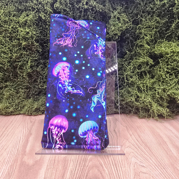 Handmade Cotton Glasses Case, Padded Eyewear Sleeve for Spectacles or Sunglasses, Eco-Friendly Gift, Soft Eyeglass Pouch Jellyfish Midnight