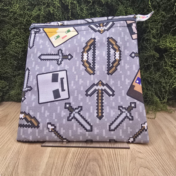 Reusable Sandwich Bag, Sanitary Pads Bag, Bagel Holder, Travel Makeup Bag Reusable Snack Pouch, Vegan Snack Box, Zip, Grey Blocks