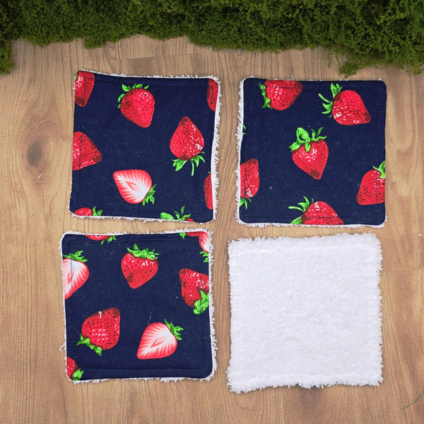 Reusable Cotton Wipes - Make Up - Toddler - Finger Wipes: 4 Pack Navy Strawberries, Eco-Friendly Skincare