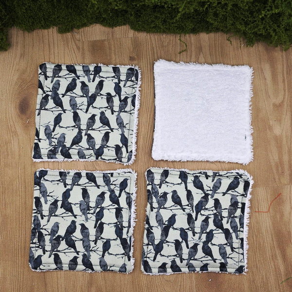 Reusable Cotton Wipes - Make Up - Toddler - Finger Wipes: 4 Pack Black Birds, Eco-Friendly Skincare