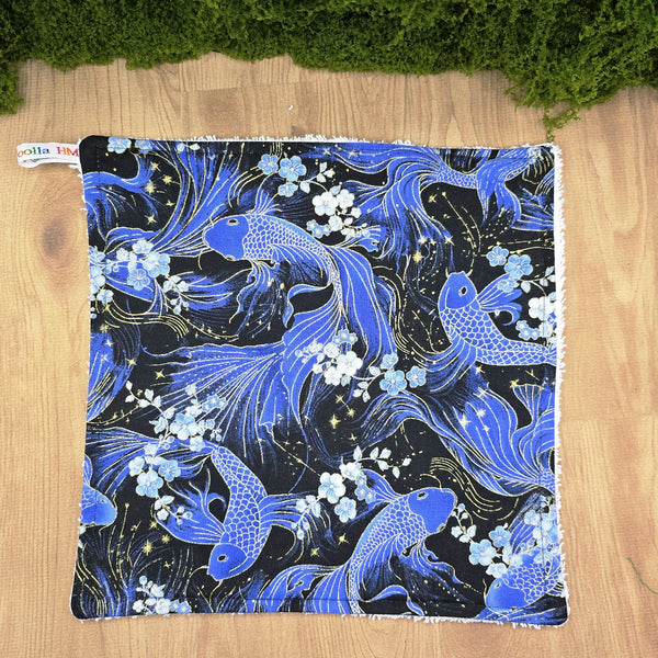 Face Flannel, Towel backed cloth, Wash Cloth, UnPaper Towel, Face Wipe, Makeup Remover, Eco Friendly, Plastic Free - Midnight Koi