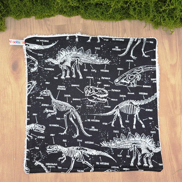 Face Flannel, Towel backed cloth, Wash Cloth, UnPaper Towel, Face Wipe, Makeup Remover, Eco Friendly, Plastic Free - Black Dinosaur Skeleton