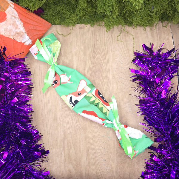 Reusable Christmas Cracker, Eco Friendly Sustainable Festive Table Decor, Refillable Zero Waste Holiday Gift Idea - Festive Dogs Green
