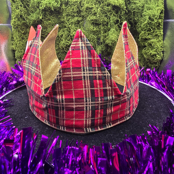 Red Metallic Tartan With Gold Glitter Fabric Christmas Crown Reversible Adjustable 1 Size Fit All Party Hat Birthday  Zero Waste