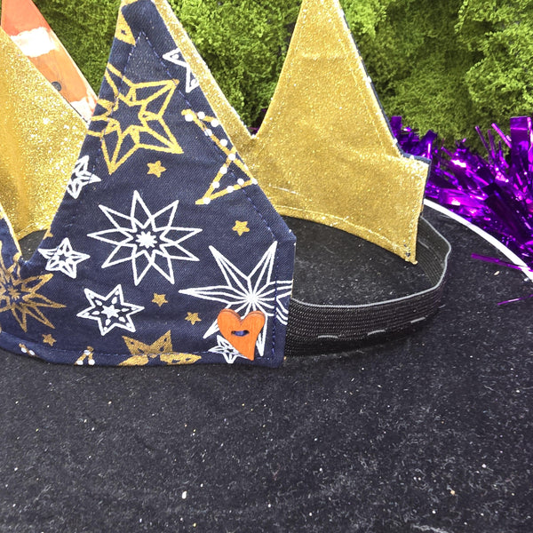 Navy Stars with  Gold Glitter Fabric Christmas Crown Reversible Adjustable 1 Size Fit All Party Hat Birthday  Zero Waste