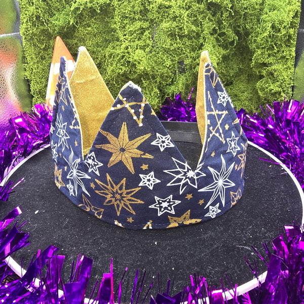 Navy Stars with  Gold Glitter Fabric Christmas Crown Reversible Adjustable 1 Size Fit All Party Hat Birthday  Zero Waste