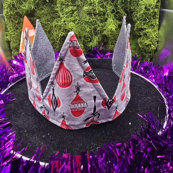 Grey Red Bauble With Silver Glitter Fabric Christmas Crown Reversible Adjustable 1 Size Fit All Party Hat Birthday  Zero Waste