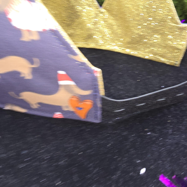 Navy Dachshund with  Gold Glitter Fabric Christmas Crown Reversible Adjustable 1 Size Fit All Party Hat Birthday  Zero Waste