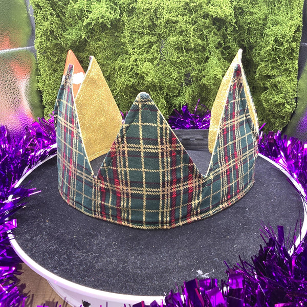Green Metallic Tartan with  Gold Glitter Fabric Christmas Crown Reversible Adjustable 1 Size Fit All Party Hat Birthday  Zero Waste