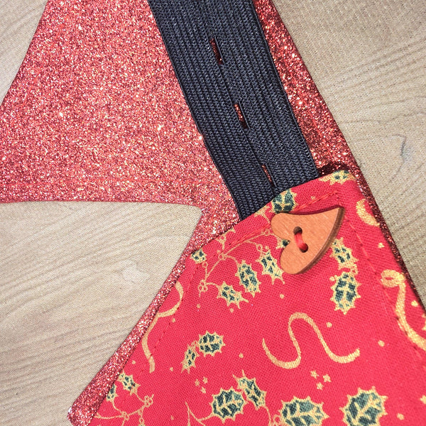 Red Holly Ribbons With Red Glitter Fabric Christmas Crown Reversible Adjustable 1 Size Fit All Party Hat Birthday  Zero Waste