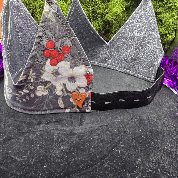 Grey Floral With Silver Glitter Fabric Christmas Crown Reversible Adjustable 1 Size Fit All Party Hat Birthday  Zero Waste