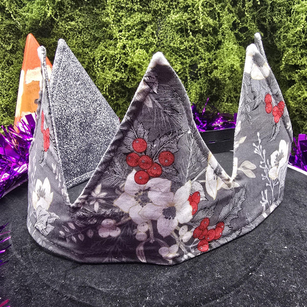 Grey Floral With Silver Glitter Fabric Christmas Crown Reversible Adjustable 1 Size Fit All Party Hat Birthday  Zero Waste