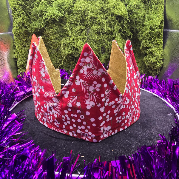 Red Berries With Gold Glitter Fabric Christmas Crown Reversible Adjustable 1 Size Fit All Party Hat Birthday  Zero Waste