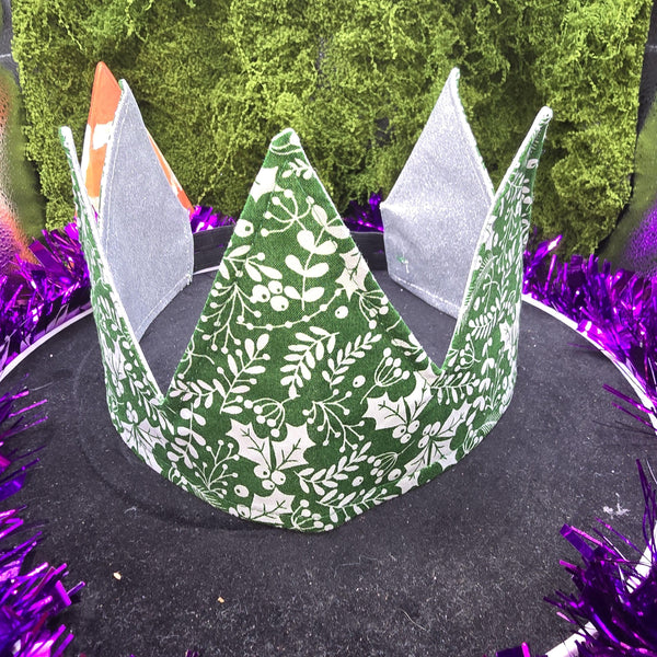 Green Mistletoe Holly With Silver Glitter Fabric Christmas Crown Reversible Adjustable 1 Size Fit All Party Hat Birthday  Zero Waste