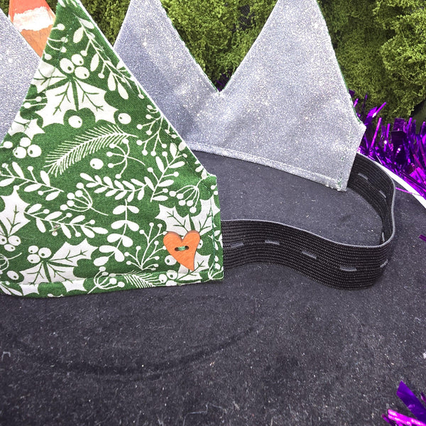 Green Mistletoe Holly With Silver Glitter Fabric Christmas Crown Reversible Adjustable 1 Size Fit All Party Hat Birthday  Zero Waste