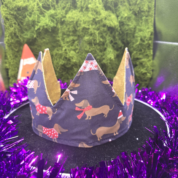 Navy Dachshund with  Gold Glitter Fabric Christmas Crown Reversible Adjustable 1 Size Fit All Party Hat Birthday  Zero Waste