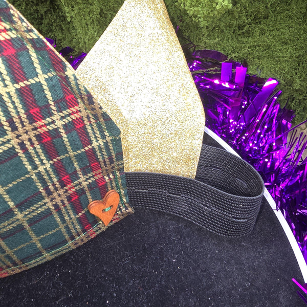 Green Metallic Tartan with  Gold Glitter Fabric Christmas Crown Reversible Adjustable 1 Size Fit All Party Hat Birthday  Zero Waste