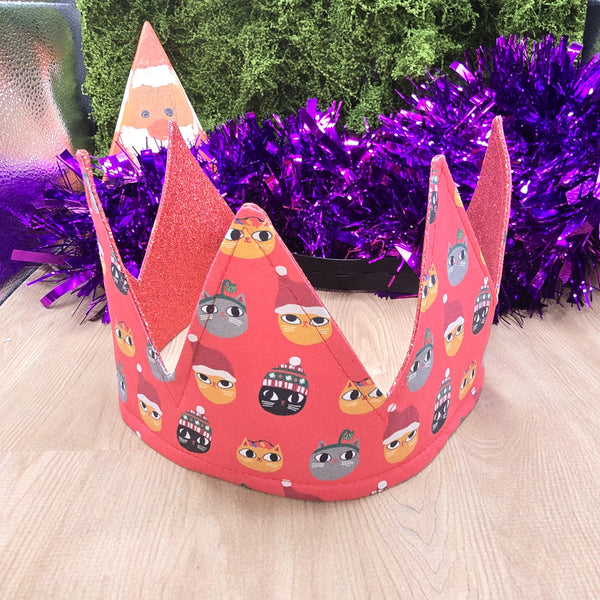 Red Jolly Cats With Red Glitter Fabric Christmas Crown Reversible Adjustable 1 Size Fit All Party Hat Birthday  Zero Waste