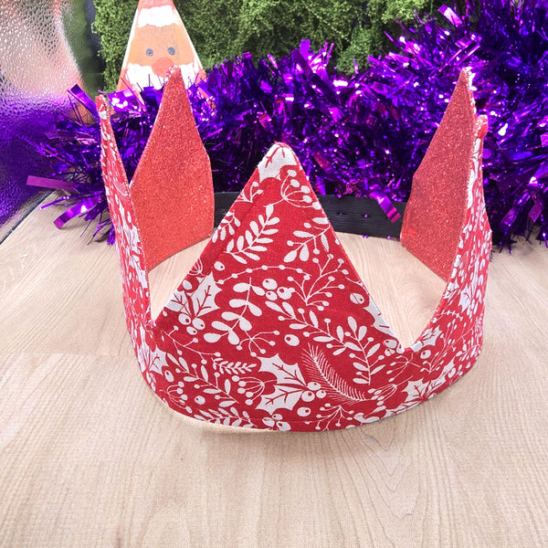 Red Mistletoe Holly With Red Glitter Fabric Christmas Crown Reversible Adjustable 1 Size Fit All Party Hat Birthday  Zero Waste