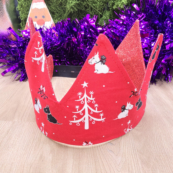 Red Scotty Dogs With Red Glitter Fabric Christmas Crown Reversible Adjustable 1 Size Fit All Party Hat Birthday  Zero Waste