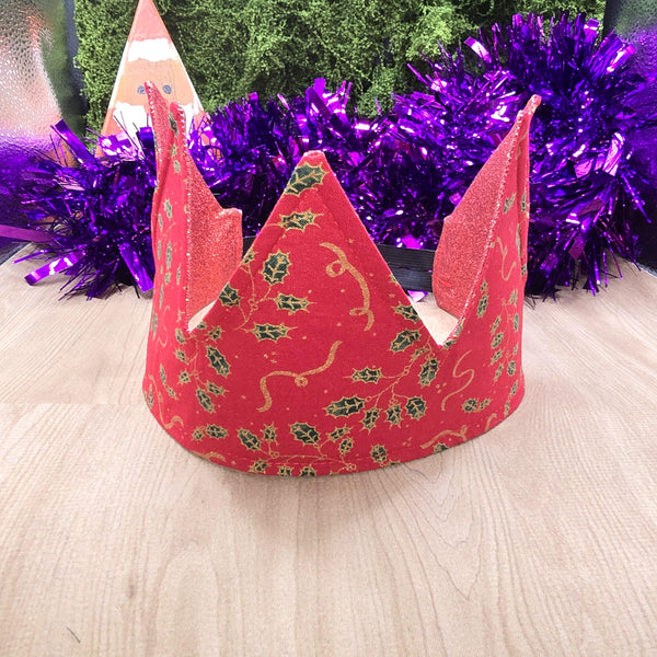 Red Holly Ribbons With Red Glitter Fabric Christmas Crown Reversible Adjustable 1 Size Fit All Party Hat Birthday  Zero Waste