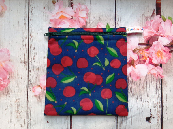Cherries on Navy - Small Poppins Pouch Washable Snack Bag