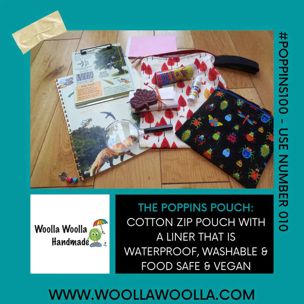 Pink Peacocks -  Handy Poppins Pouch, Waterproof, Washable, Food Safe, Vegan, Lined Zip Bag With Wrist Strap