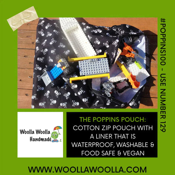 Black Polka - Large Poppins Pouch - Waterproof, Washable, Food Safe, Vegan, Lined Zip Bag